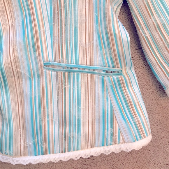 Covington Womens Blazer Jacket Size 14 Large Blue White Floral Stripe Lace Trim - Picture 8 of 12